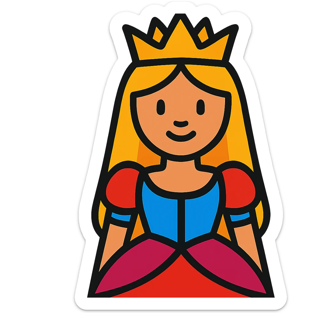 cartoon-style princess emoji with long hair, wearing a golden crown, smiling softly, dressed in a royal gown, vibrant toon style sticker