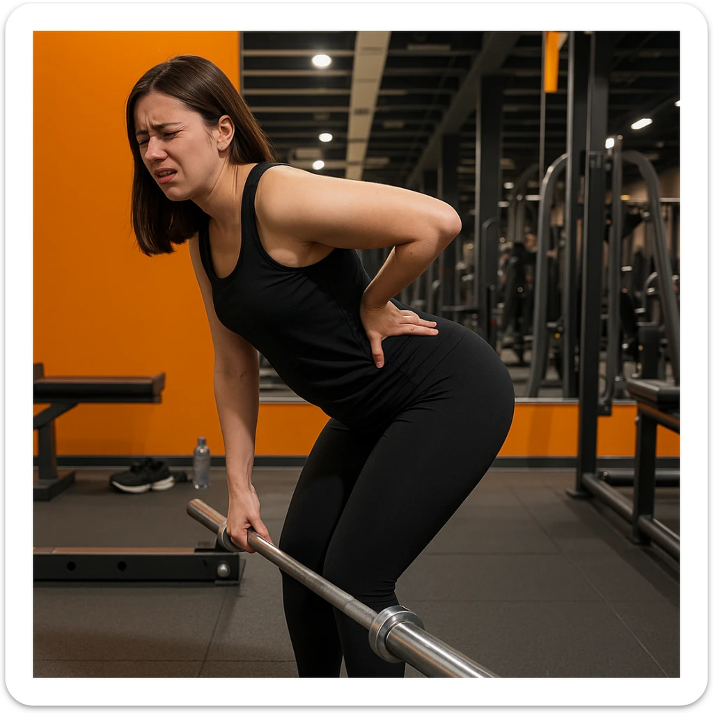 Edit the image of a less muscular woman performing a Romanian Deadlift (RDL) in a gym, side pose, wearing black sportswear, holding a barbell, with a back pain expression, one hand on the lower back, hyperrealistic 4K details, realistic gym environment. Variant 3: slightly change the position of the arms. sticker