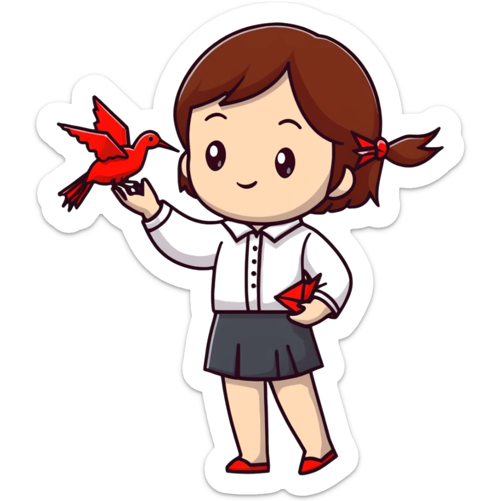 Happy Ukrainian young girl with brown hair in a white embroidered shirt holds an origami red crane sticker