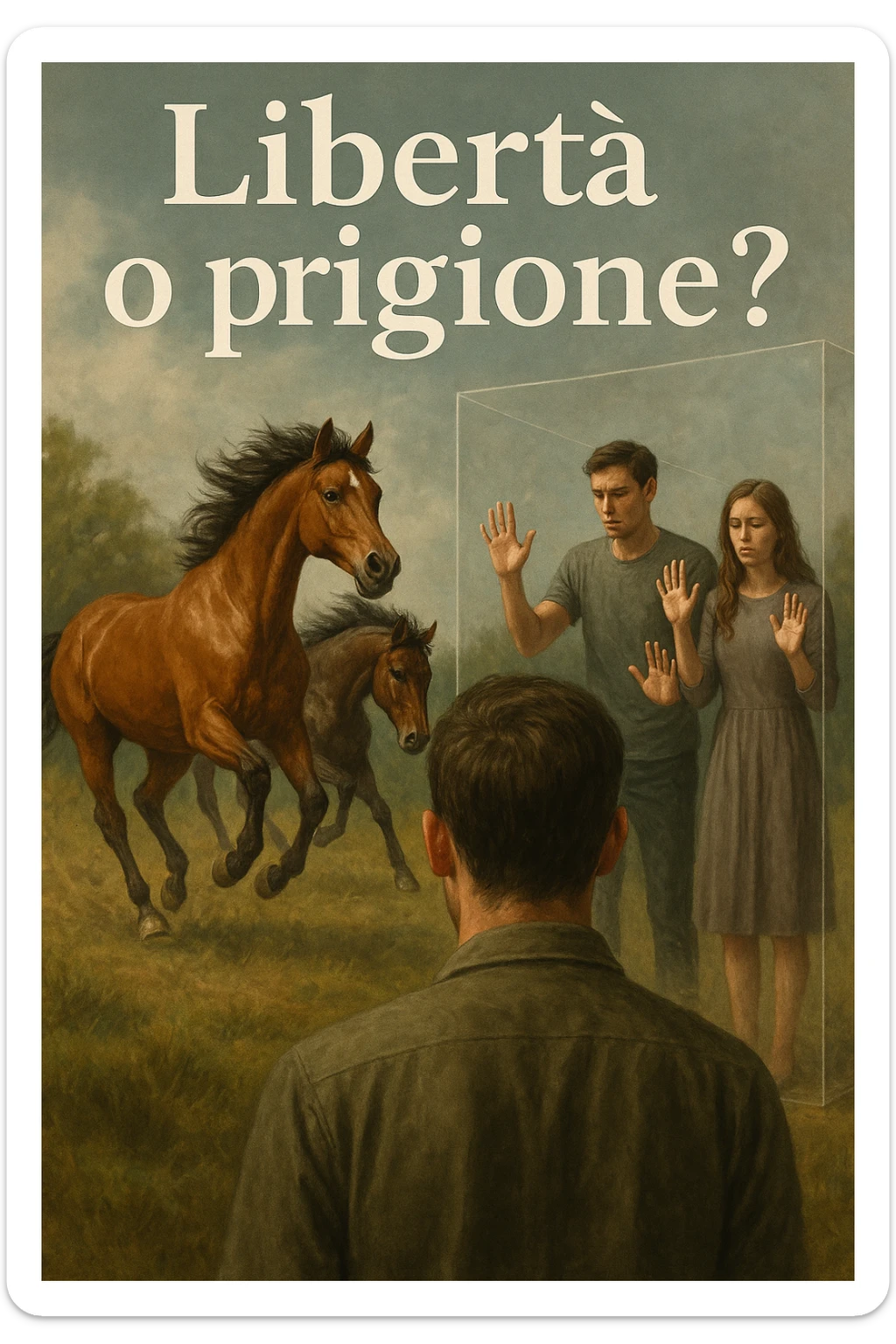 Vertical format: An Italian text 'Libertà o prigione?' with a close-up of a man observing two horses running free together, next to a human couple blocked by invisible walls, symbolic and emotional. sticker