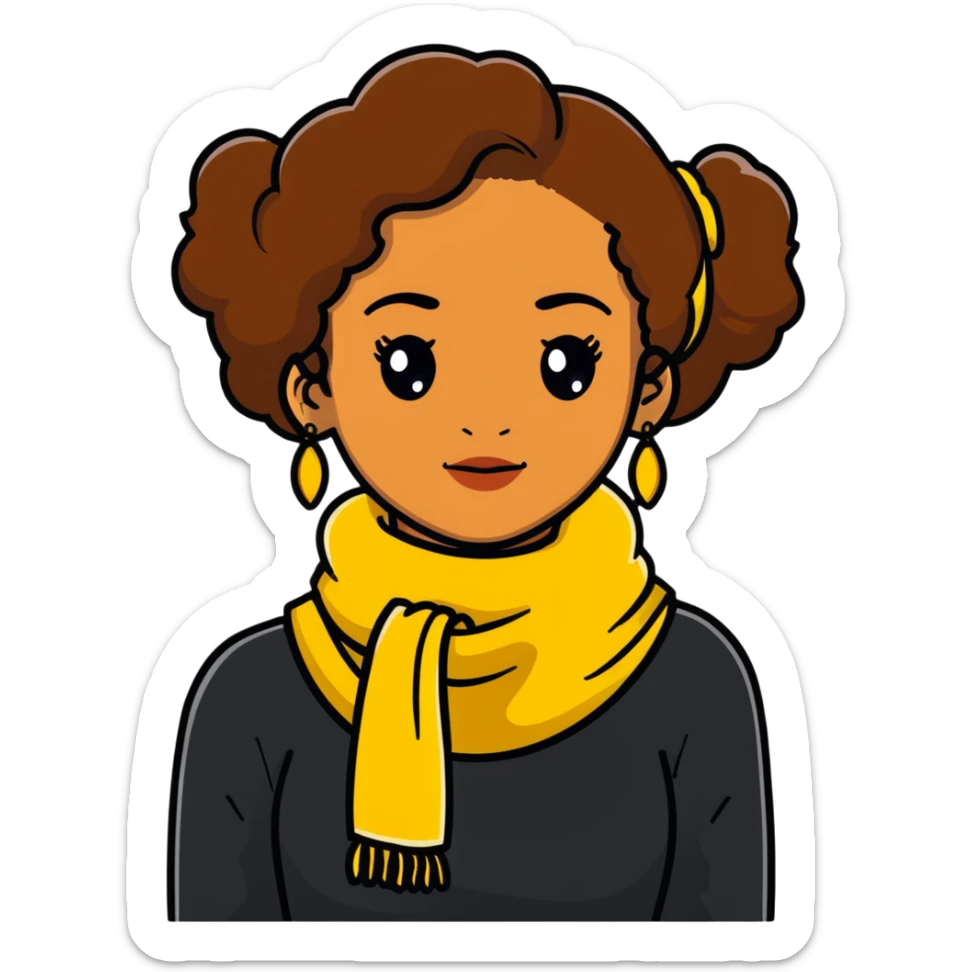 boho girl with brown skin, long curly brown hair tied high, lemon yellow scarf, round earrings sticker