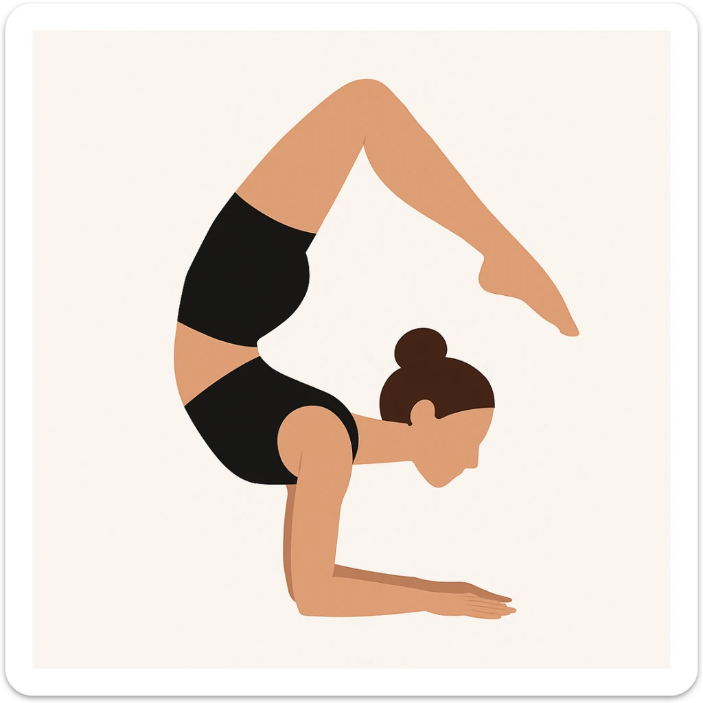 Minimalist flat vector illustration of a woman doing yoga (Vrischikasana), wearing sportswear (black top and black shorts), brown hair in a bun, clean white background, no face details, elegant style sticker