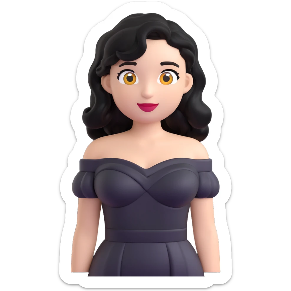 woman with wavy black hair, black off-shoulder dress, white skin, 3d emoji style sticker