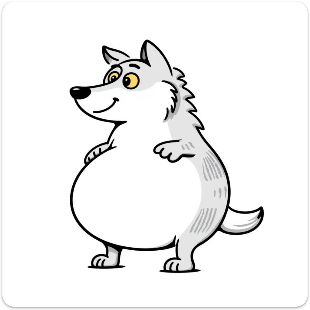 Wolf with enormous pregnant belly, gray fur, yellow eyes, standing sideways to show the large belly sticker