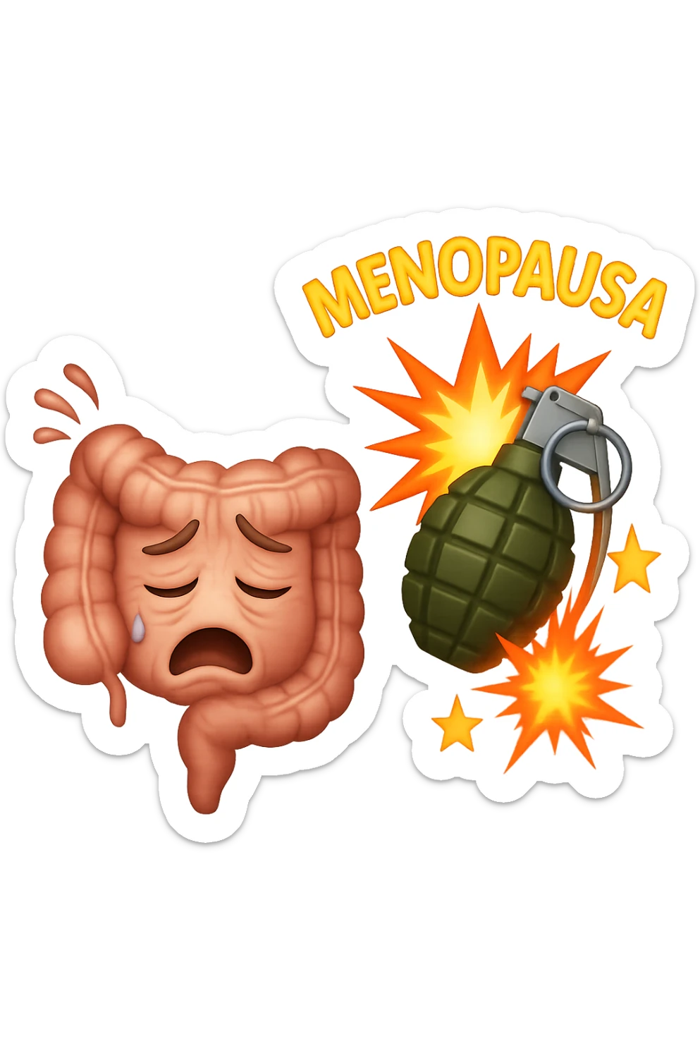 EMOJI STILE IPHONE DI INTESTINO ANZIANO CON RUGHE SFINITO, ACCANTO A LUI SCOPPIA UNA GRANATA 3D CON LA SCRITTA "MENOPAUSA" SOPRA sticker