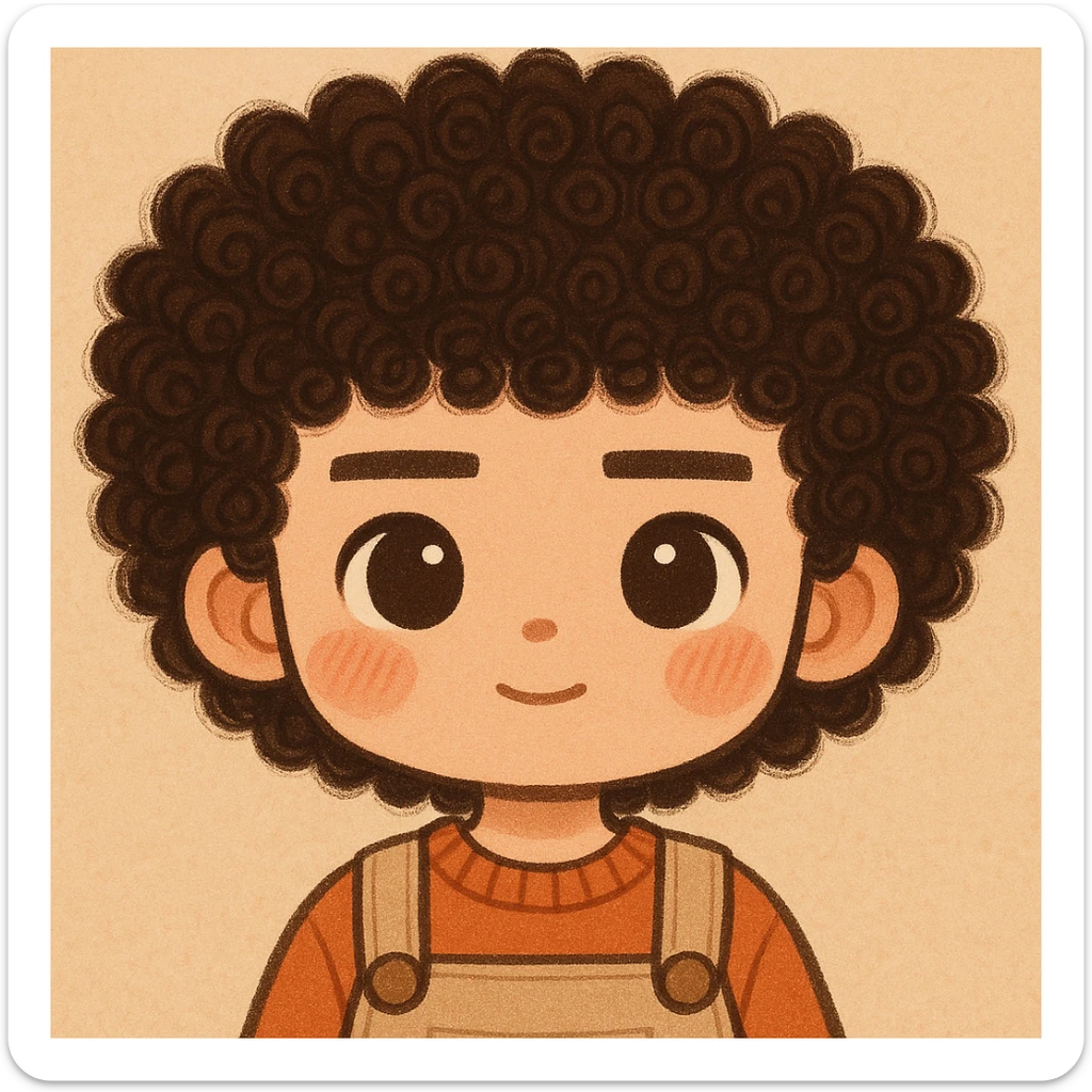 Haz el pelo mucho más rizado y las cejas más rectas, manteniendo el estilo general, cute y todos los detalles anteriores sticker
