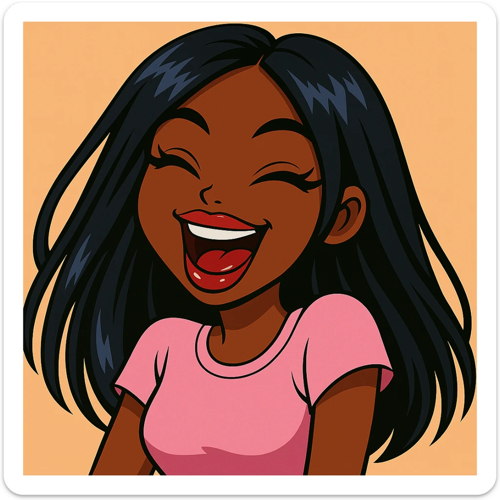 Headshot of a 20-year-old anime Bratz style woman with dark skin, straight hair, laughing uncontrollably, big expressive eyes, glossy lips, bold colorful fashion-forward look, no hat, no tears. sticker