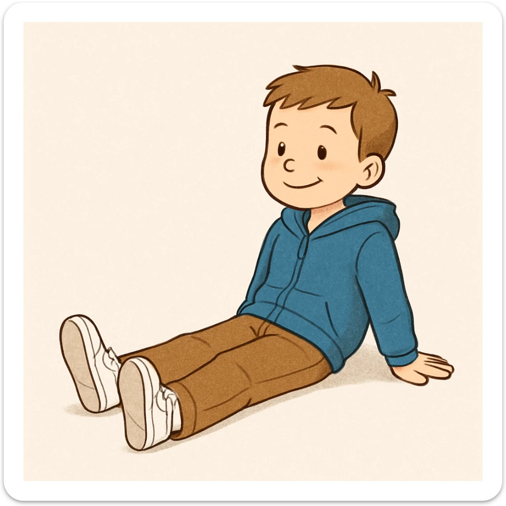Edit the image of the boy to make him sit straight with his legs straightened out in front of him, arms resting on the ground behind him, as if he is chilling. Keep the same outfit and style as the original image. sticker