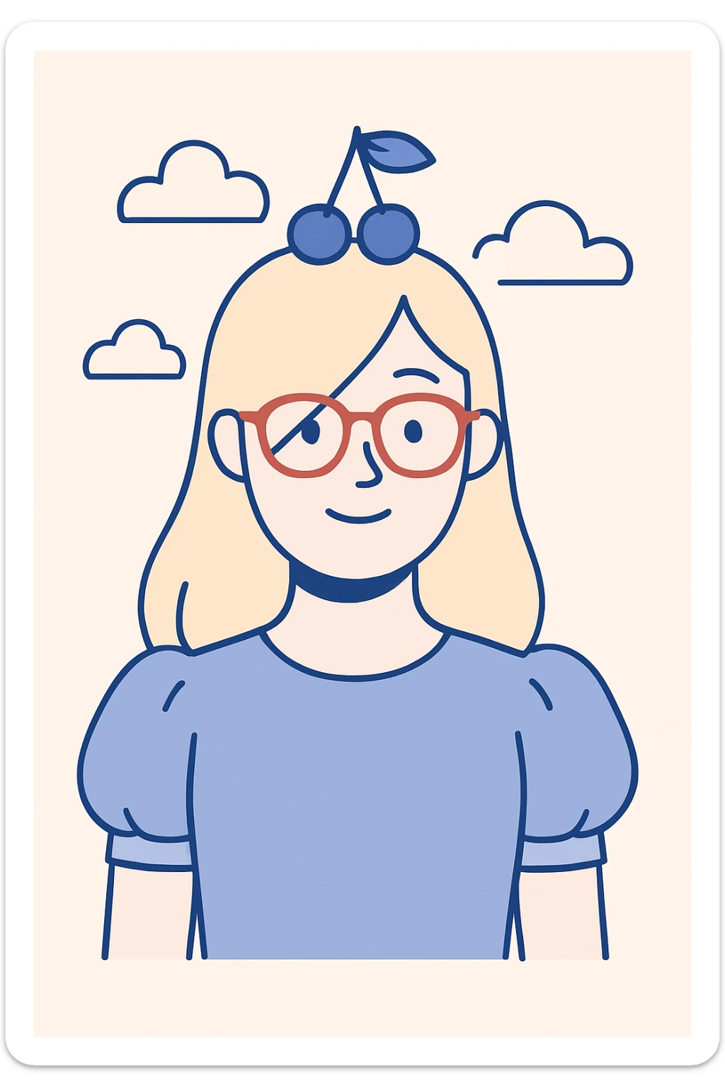 Add puffy sleeves to the woman's baby blue shirt, maintaining the clean modern illustration style with soft, smooth lines and subtle shading. sticker