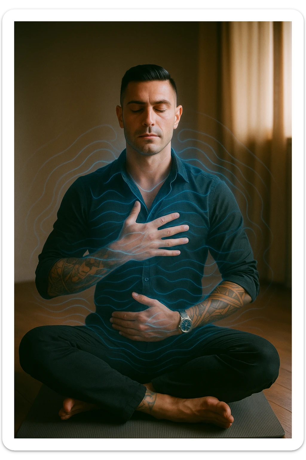 A highly realistic, cinematic portrait of a man in his early 30s with a calm, focused expression, sitting cross-legged on a yoga mat in a softly lit room. His eyes are closed, and he is performing deep diaphragmatic breathing, with one hand resting on his chest and the other on his abdomen, visibly rising and falling with each breath. A subtle glow or faint blue light outlines his body, symbolizing calm energy and nervous system regulation. Around him, faint symbolic waves or flowing lines in blue tones represent the breath calming the autonomic nervous system, while a soft warm light from a window illuminates his relaxed face. The atmosphere is peaceful and grounded, with warm natural tones and a clean, minimalist setting, evoking the feeling of inner calm and nervous system reset through conscious breathing. Style: 35mm hyperrealistic film photography, soft depth of field, warm lighting with clear focus on the man's peaceful face and breathing posture sticker