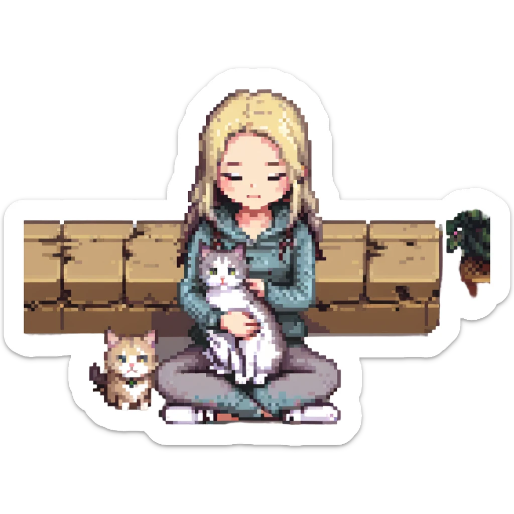 Remix using this girl as the character, petting a gray and blonde mixed cat in pixel art style. The girl is sitting cross-legged and the cat is curled beside her. sticker