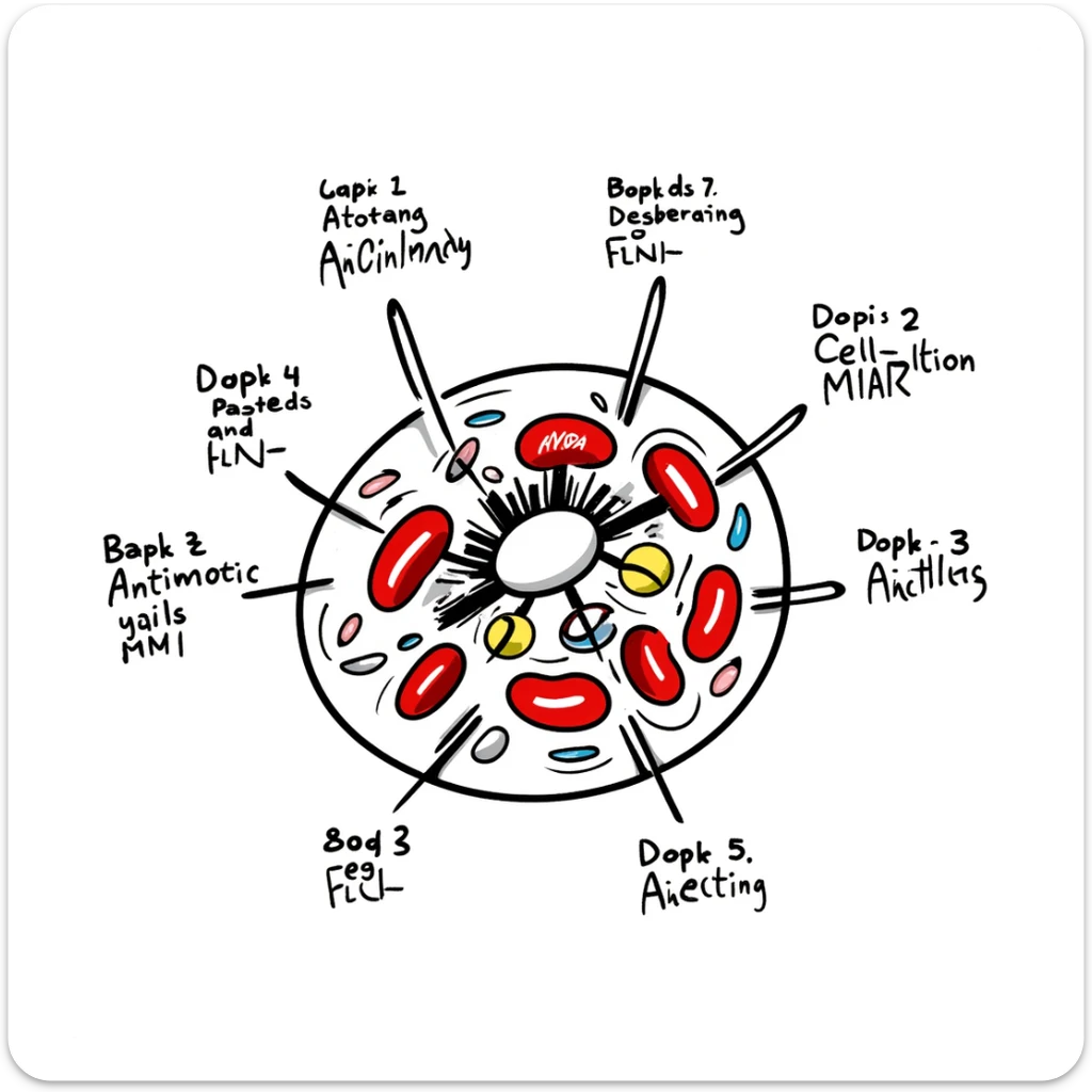 Anatomical diagram of antimicrobial mechanism: red bacteria with labeled parts (cell wall, membrane, DNA) surrounded by yellow antibiotic molecules and blue antimicrobial peptides breaking through cell structures. Hand-drawn scientific illustration with detailed cross-section view. sticker