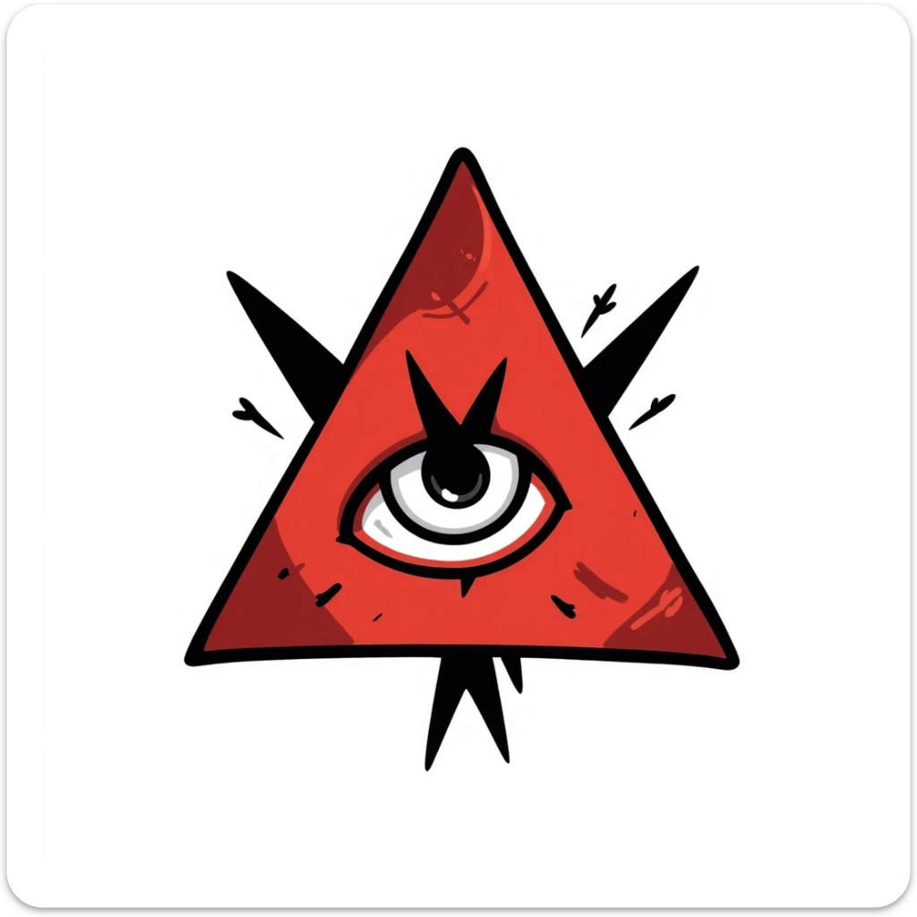 jagged blood-red triangle with a stylized glowing eye in the center, FOE symbol, black doodle style sticker