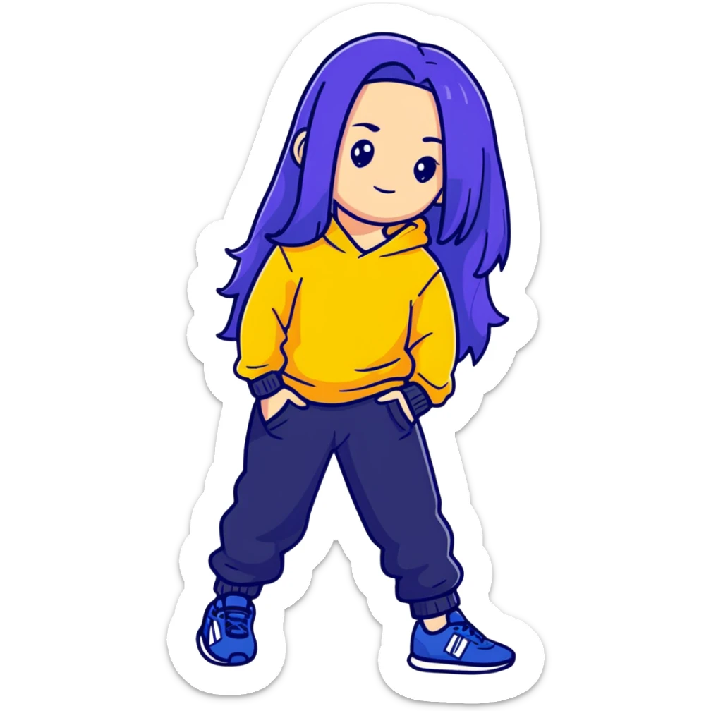 female with slim hourglass shaped body, purple long hair, wearing a blue sweater, dark blue sweatpants, and black sneakers, full body view sticker