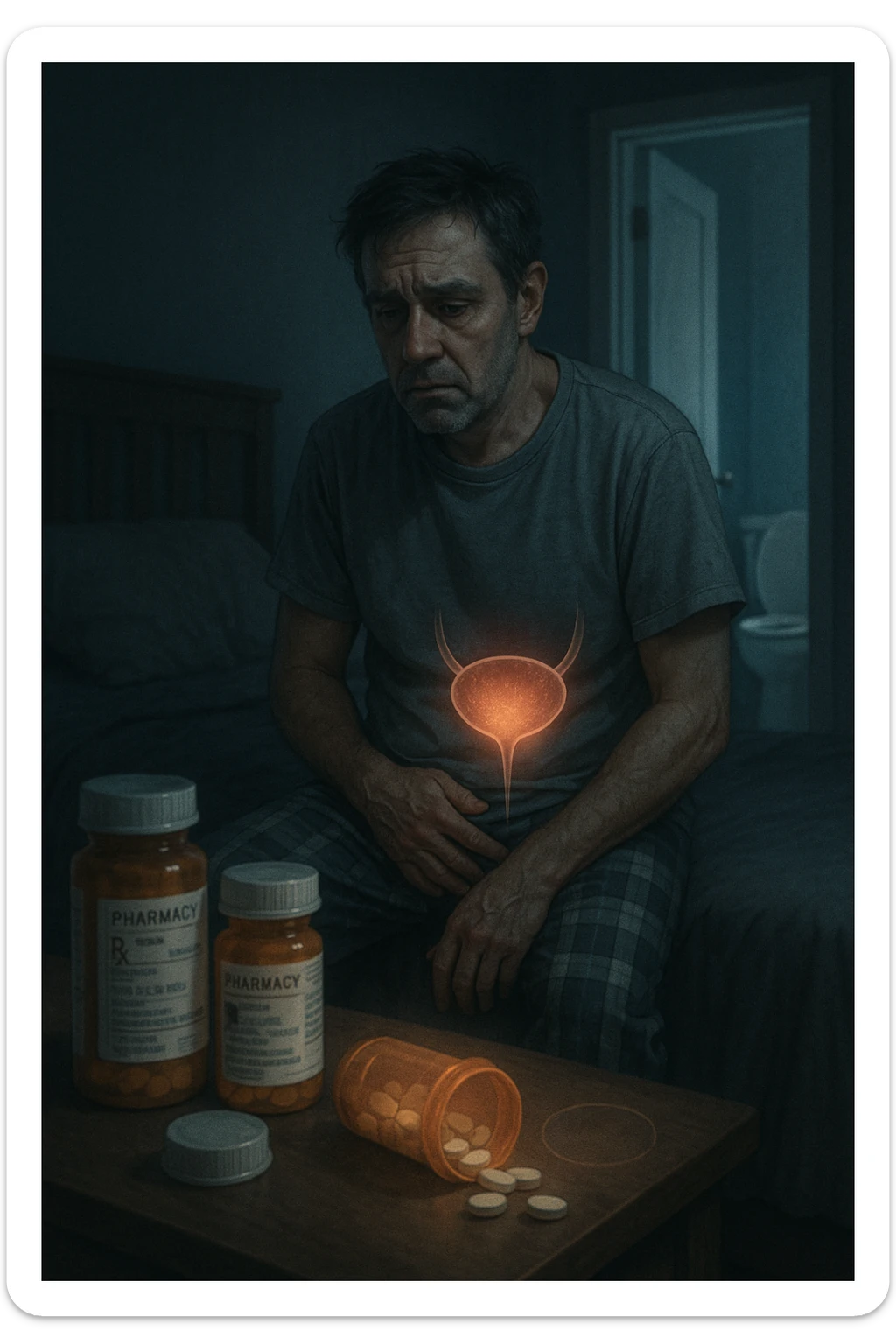 A middle-aged man sits on the edge of his bed in a dimly lit bedroom, looking exhausted and frustrated. On the nightstand beside him are several prescription pill bottles, loosely organized, some open — suggesting long-term medication use. In the background, the bathroom door glows softly, partially open, with a faint reflection of the toilet visible, indicating frequent nighttime trips. The man wears a loose T-shirt and pajama pants, his posture slightly curved as he gently touches his lower abdomen, symbolizing bladder discomfort. His eyes have dark circles, his expression is drained. The color palette is muted blues and greys, with a cinematic soft focus and ambient light highlighting emotional fatigue. A subtle overlay of pill labels and bladder imagery could be added for educational use. sticker
