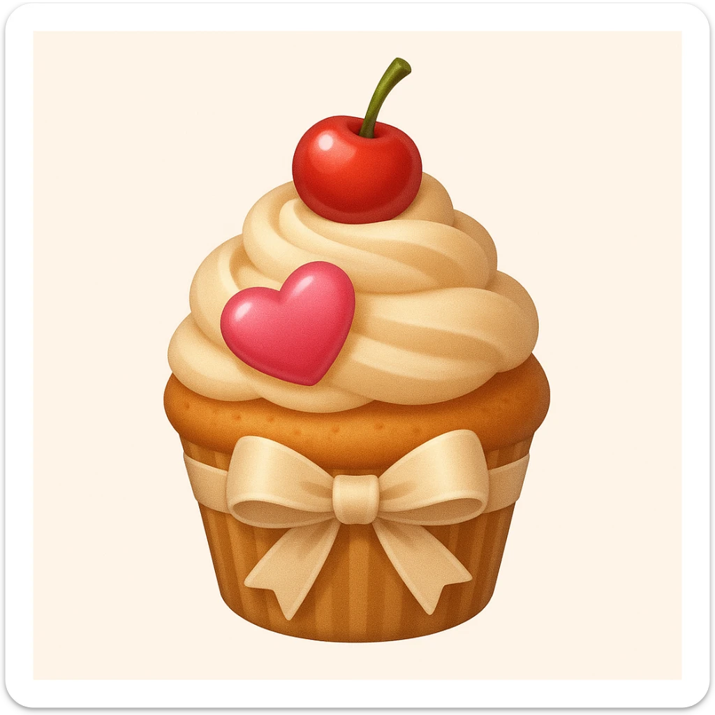 Add a beige ribbon and a heart-shaped candy to the cupcake with beige frosting and a cherry on top in emoji style. sticker