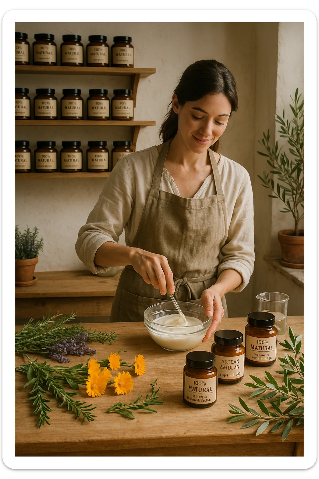 A realistic, high-quality photo of a small artisan skincare laboratory in Italy, with wooden shelves displaying beautifully packaged glass jars of natural creams made with herbal and botanical extracts, olive oil, and essential oils, clearly labeled ‘100% Natural’ and ‘Artisan Made in Italy’. The scene includes a bright, sunlit rustic workspace with plants, fresh lavender, rosemary, calendula flowers, and olive branches on the wooden counter, symbolizing purity and nature. A female artisan in a linen apron is carefully mixing creams in a glass bowl, smiling softly. The environment feels warm, authentic, and eco-friendly, emphasizing the concept of handcrafted skincare without synthetic chemicals in italiano sticker