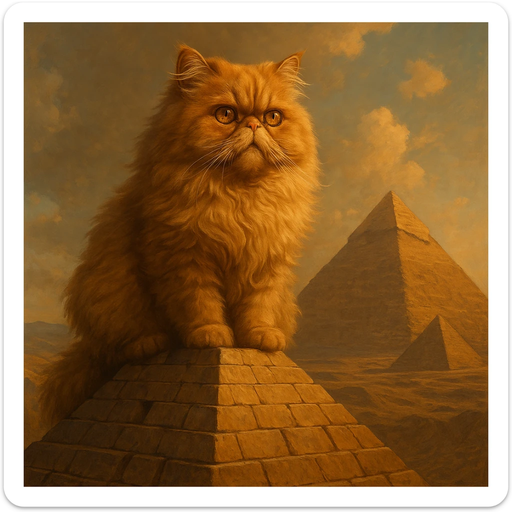 a detailed digital art of a Persian cat on top of an Egyptian pyramid sticker