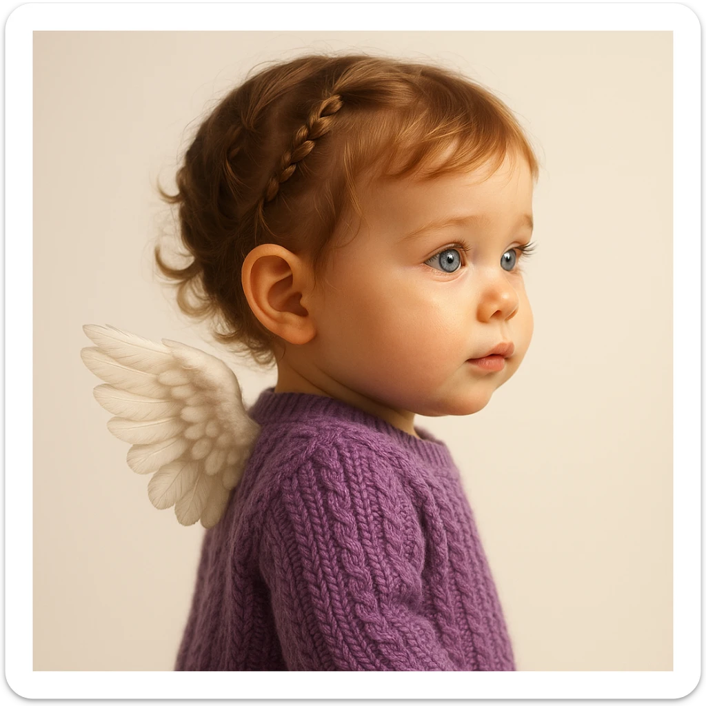 3D realistic game concept art of a cute baby girl, golden brown hair in little braids, charming blue eyes, wearing a cute purple knit sweater, with angel wings on her back, side view, clean background, high-end, creative, minimalist sticker