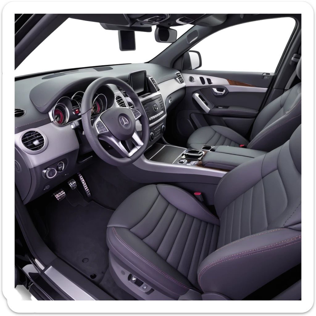 3D style image of the interior of a 2015 Mercedes Benz ML350, black leather seats, dashboard and steering wheel, luxury SUV details, panoramic sunroof view sticker