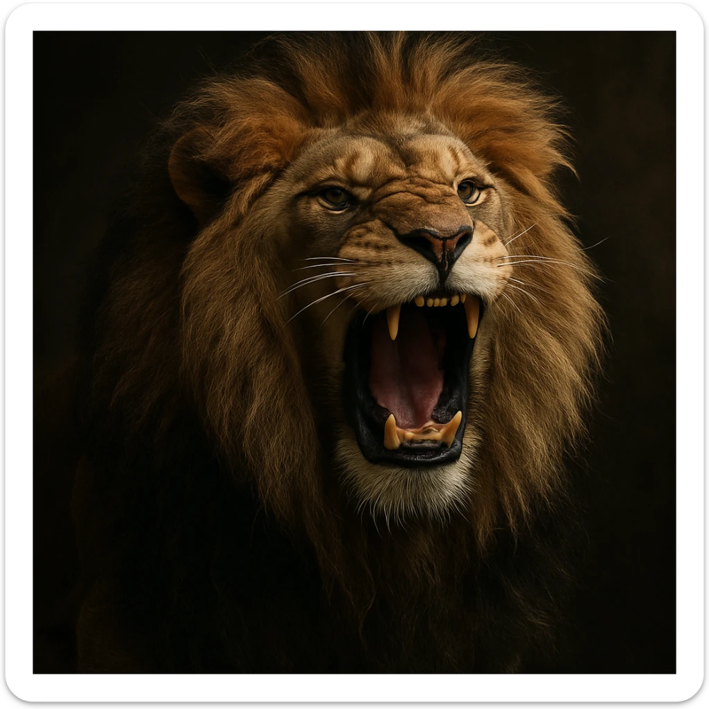 a big, fierce male lion, roaring, hyper-realistic, dramatic lighting, detailed fur sticker