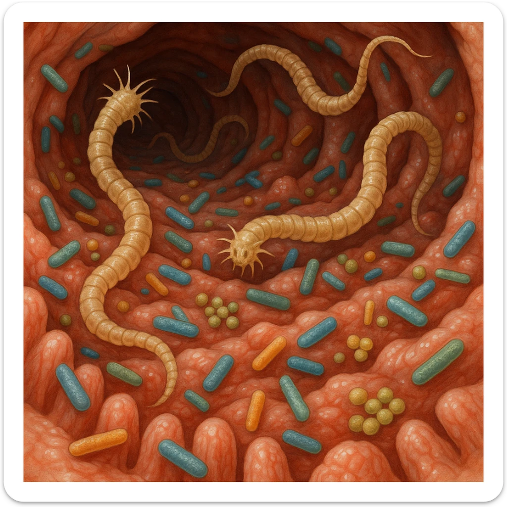 a medical illustration of a human realistic gut with bacteria and virus like worms sticker