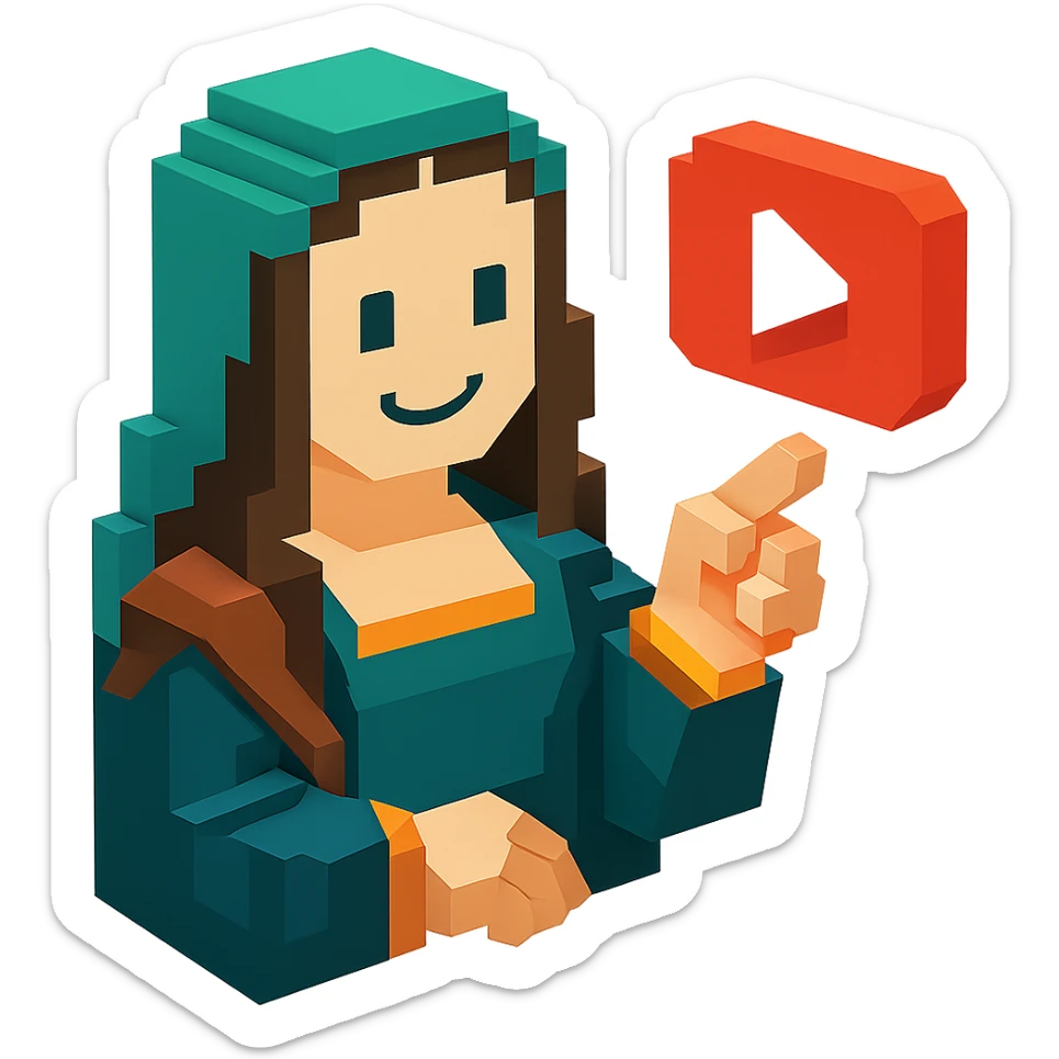 voxel-style Mona Lisa smiling and pointing at a floating YouTube play button, isometric view sticker