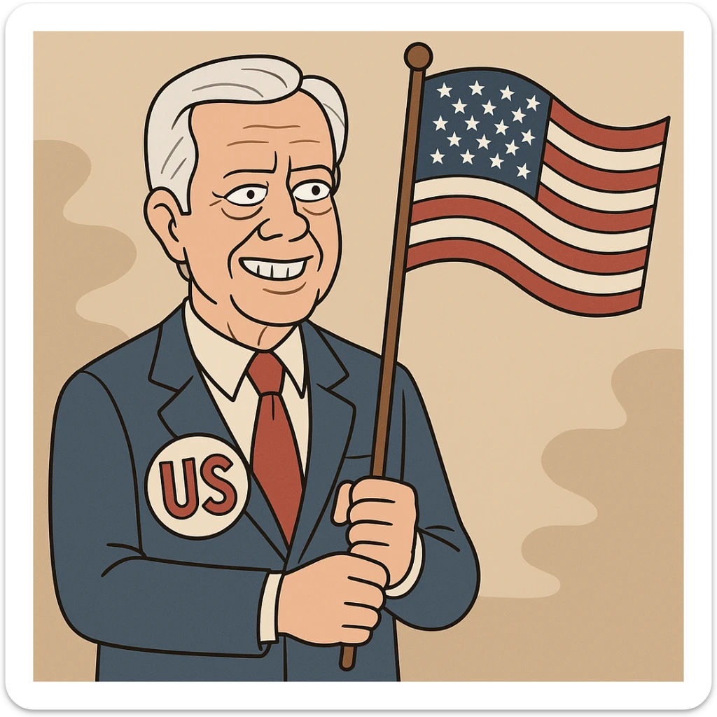 US President Carter  wearing a blue suit with a large US badge on his chest holding an American Flag sticker