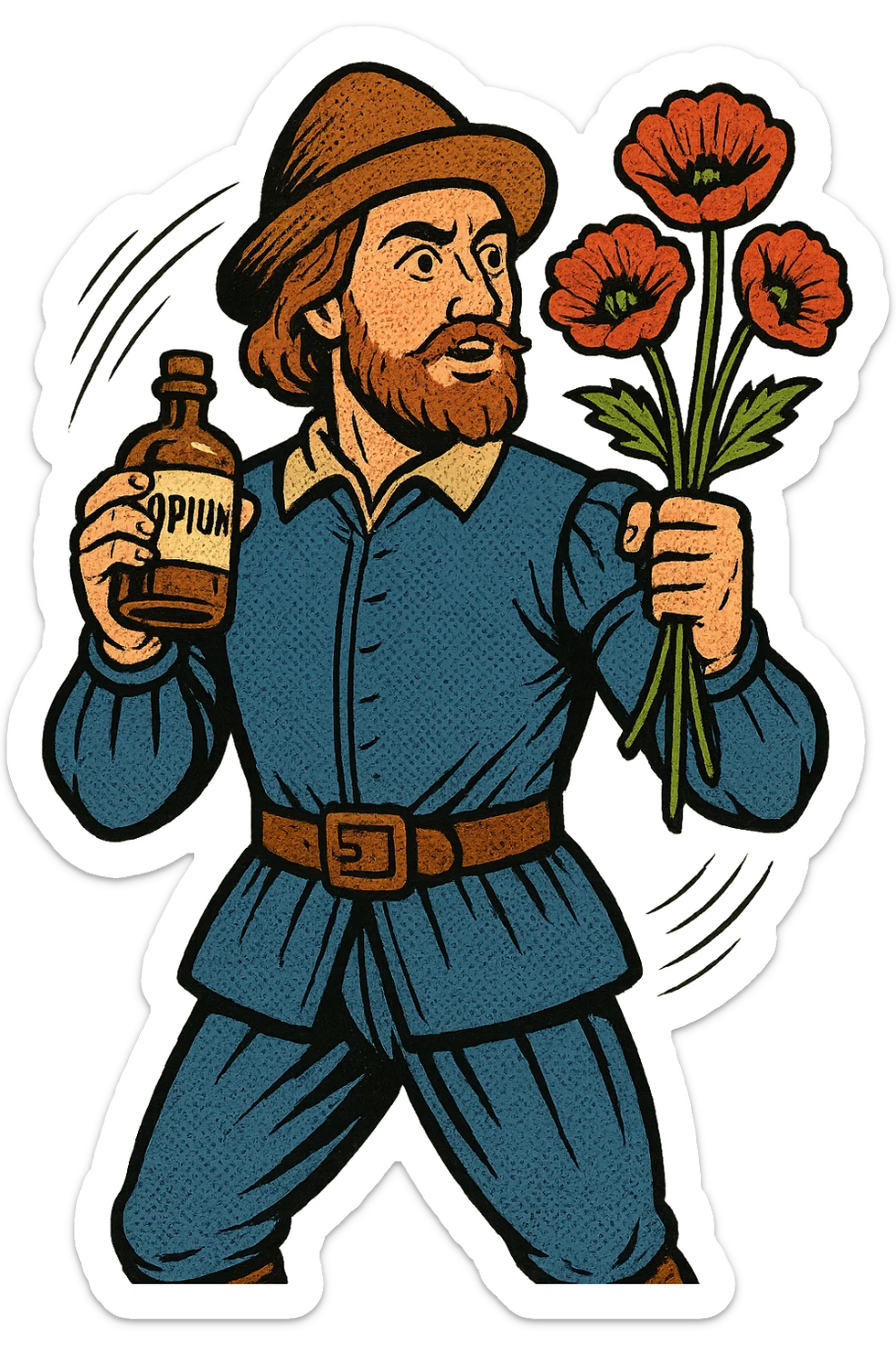the full body of a tudor explorer sailor holding poppies and an old medicine bottle with the word opium on it sticker