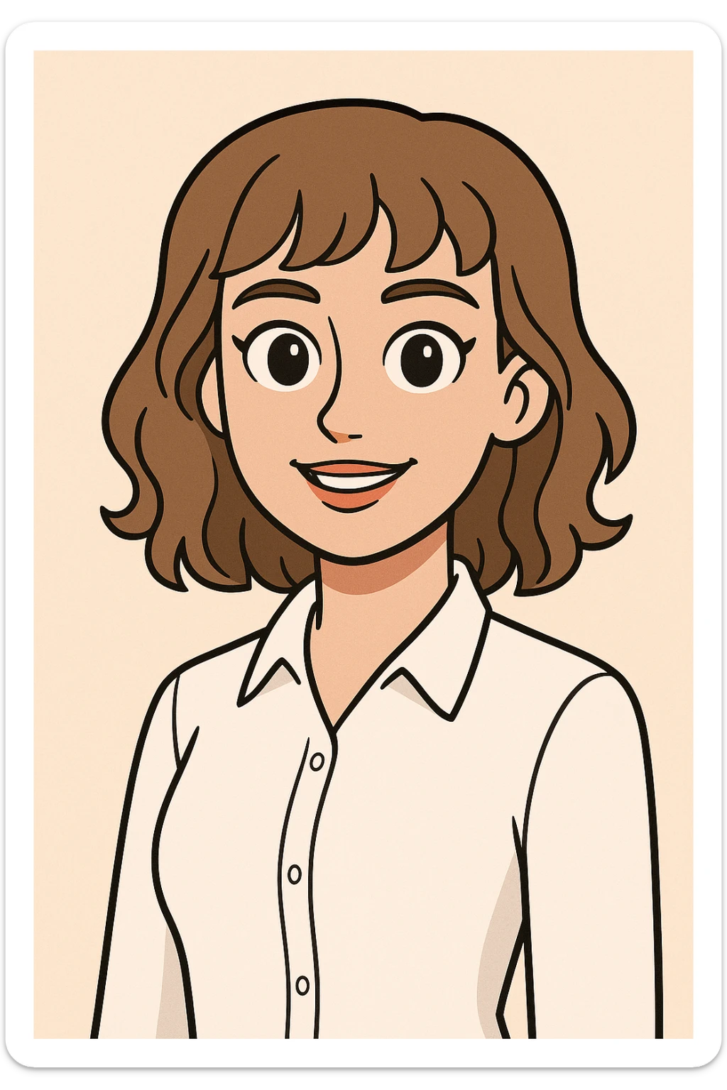 cartoonish AI avatar of a young woman, age 22, brown eyes, light brown shoulder-length hair with gentle curls and bangs, light makeup, in a white dress shirt sticker