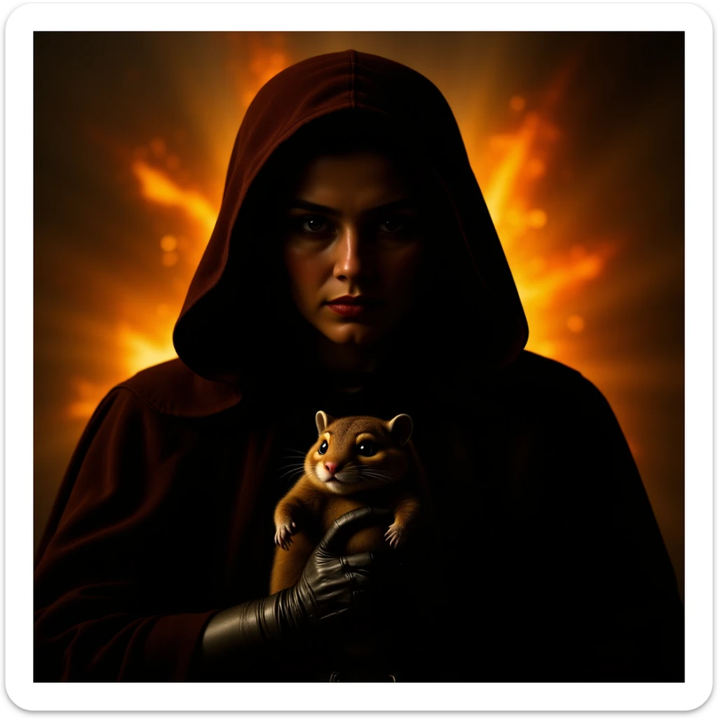 Cinematic still, Extreme Closeup Photo of a darth vader holding big hamster, low key light, explosion startship background with leading lines, back light, spot light sticker