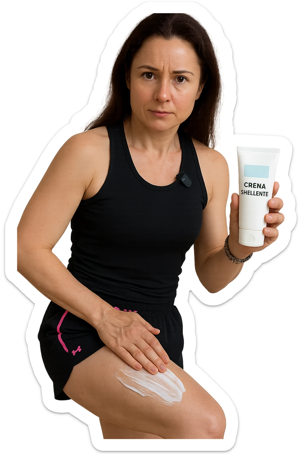 Donna con cellulite sulle cosce che usa una crema chiamata "Crema snellente" sticker