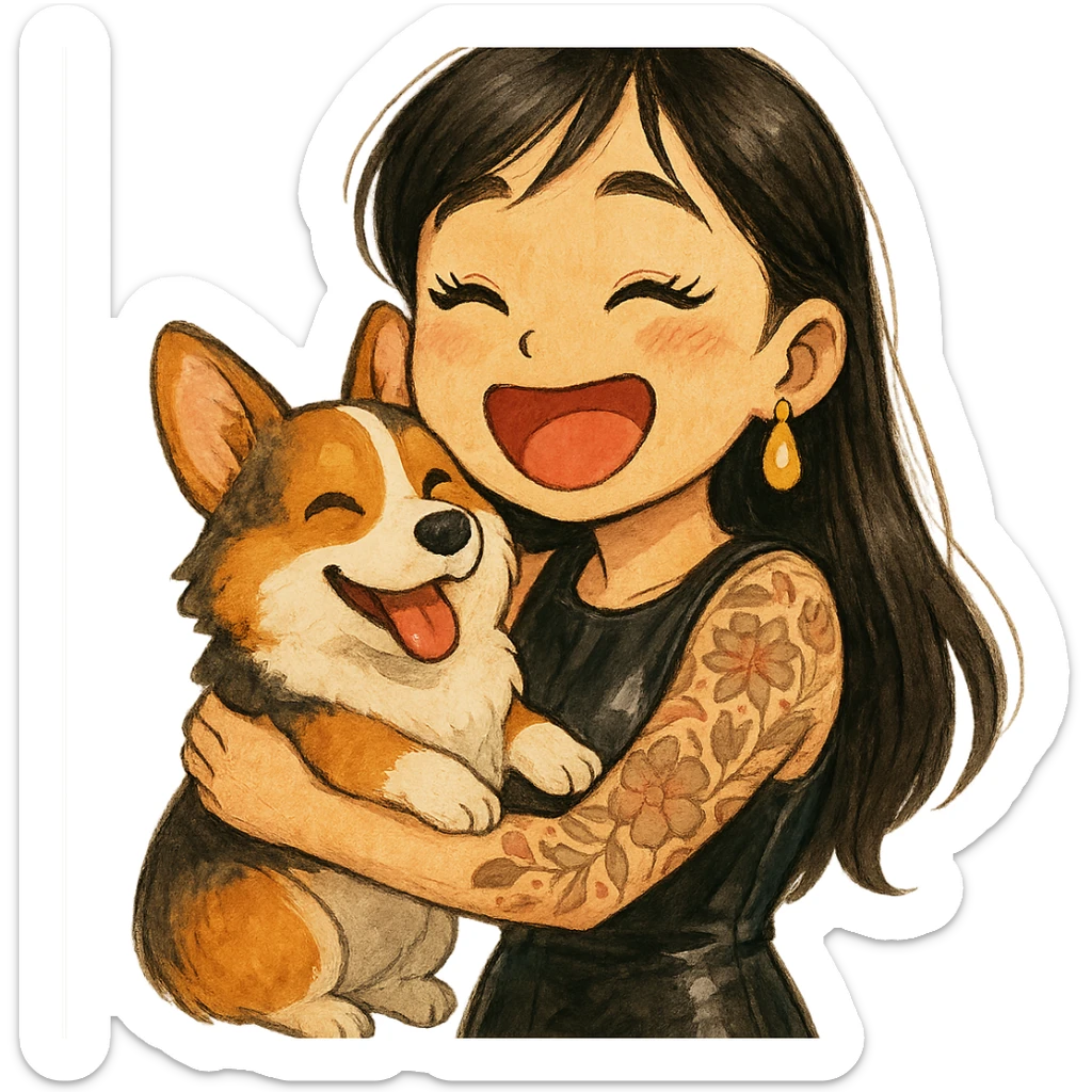 expressive emoji of an Asian girl wearing a black sleeveless leather dress with gold earrings, long hair with wispy deep side-parted bangs, false lashes, and a 3/4th sleeve tattoo on her left arm, hugging a happy tri-color Corgi, in Ghibli style sticker