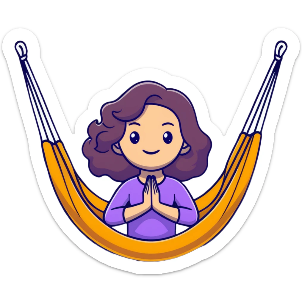 cartoon emoji of a dreamy girl with wavy hair, strong outline, expressive face, pastel colors, subtle Pisces accent, gentle smile, hint of yoga hammock, cosmic motifs, sweet and sensitive sticker
