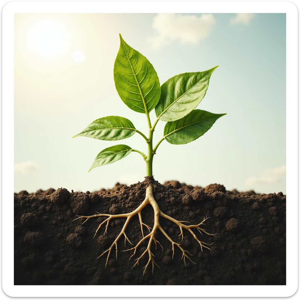 highly realistic detailed whole plant absorbing sunlight, clear depiction of water uptake from roots and CO2 entering leaves, showing fine botanical details, no background, transparent background sticker