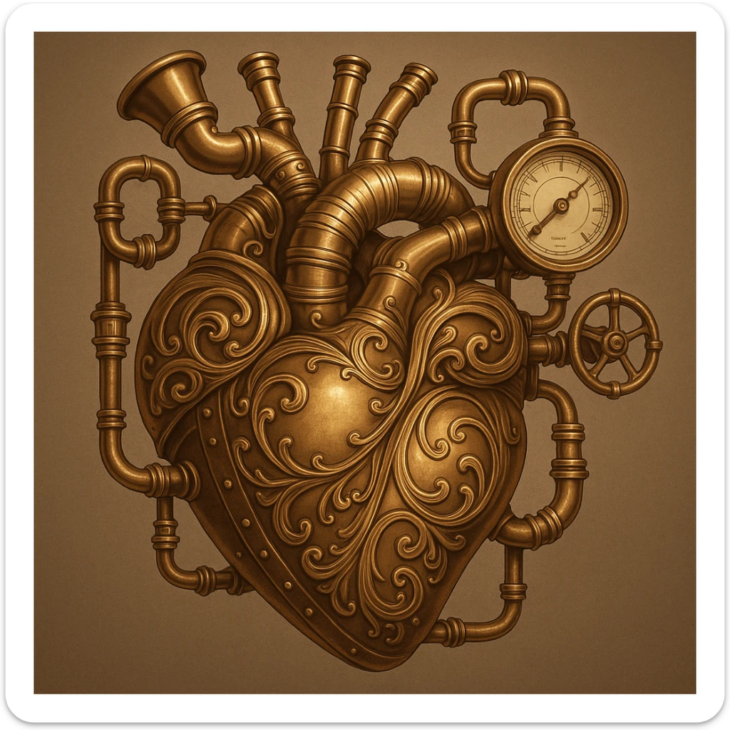 steampunk heart with ornate pipes and valves, bronze and gold, retro-futuristic design, intricate and elegant sticker