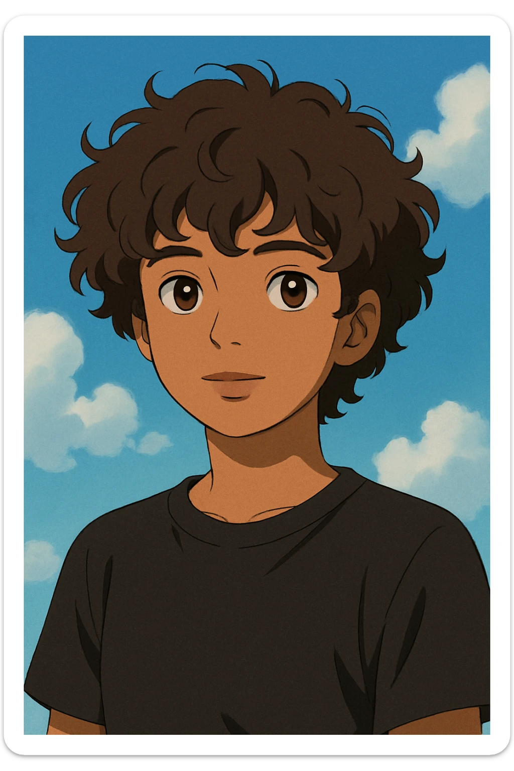 portrait of a young person with 2b dark brown curly hair, brown eyes and lips, morena skin, wearing a black t-shirt, ghibli style sticker