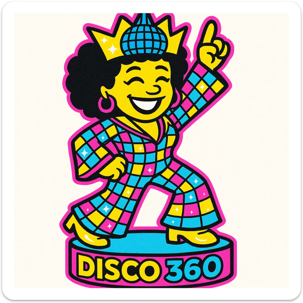 Edit the vibrant 1970s disco emoji of a female African American wearing a sparkling crown, placing her on a 360 photo booth platform. The booth should have the text 'Xyan 360' on it, styled in bold pop colors using gold, silver, black, and white. sticker