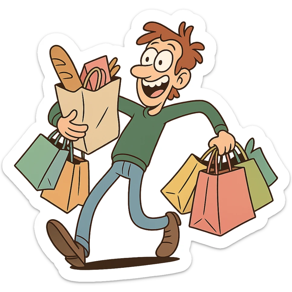 goofy character with overflowing shopping bags, playful and whimsical sticker