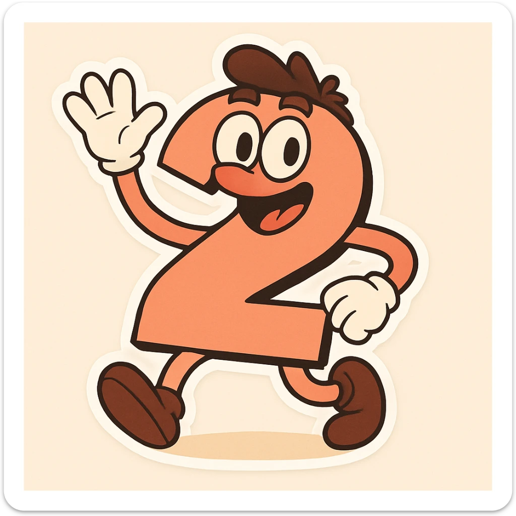 Add a cute, expressive cartoon face to the number 2, keeping the playful cartoon style consistent with chibi stickers style. sticker