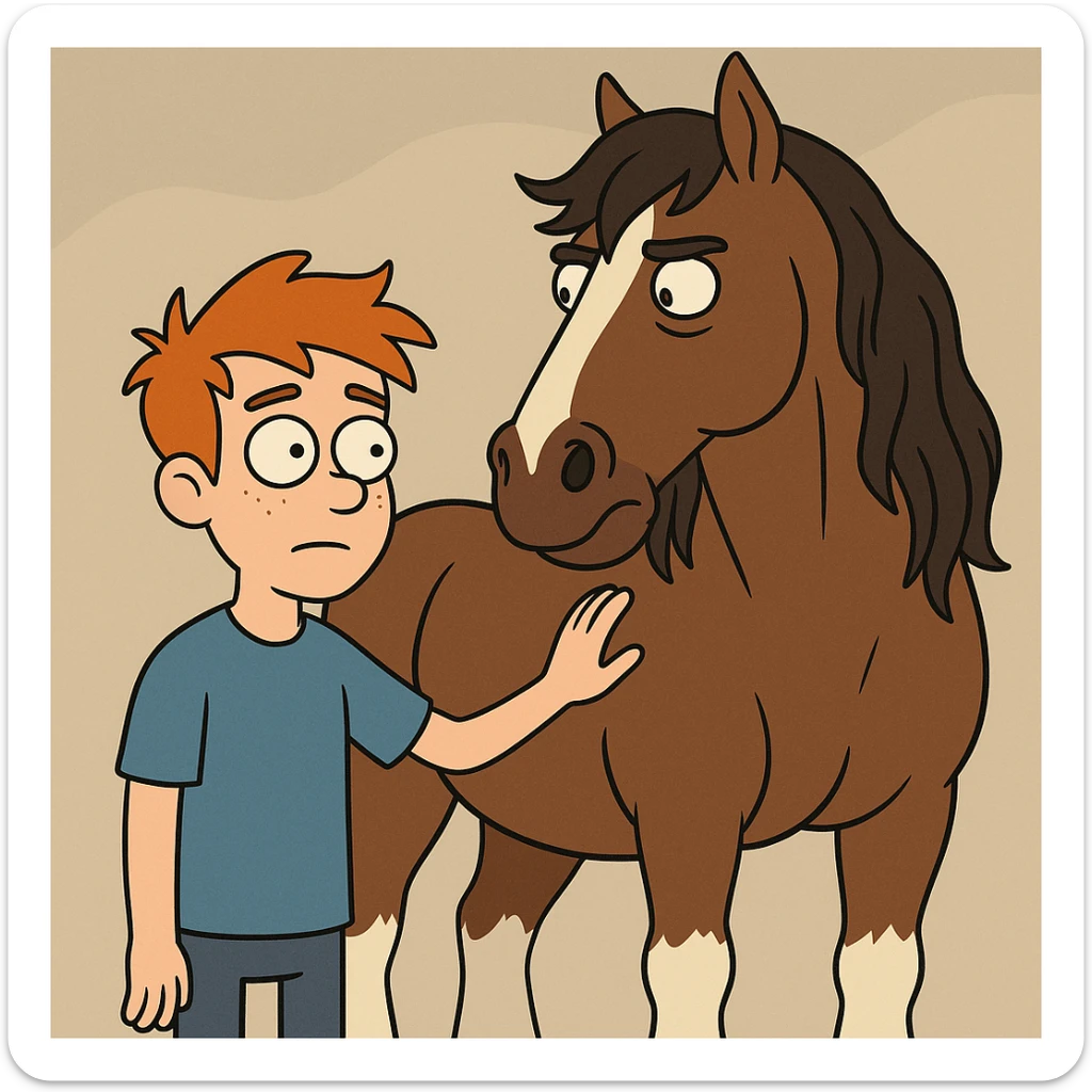 A boy orange hair blue shirt Clydesdale horse sticker