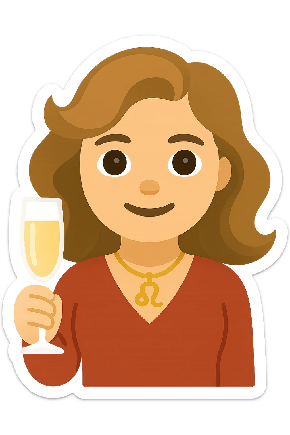 Create a simple and bold illustration of a Leo woman with a glass of champagne in the style of apple emojis. The woman should have a round face, big eyes, and minimal details. The background should be transparent. sticker