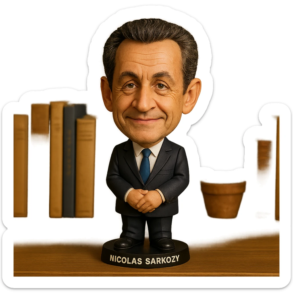bobblehead style figure of Nicolas Sarkozy, French politician, suit and tie, oversized head, friendly expression sticker
