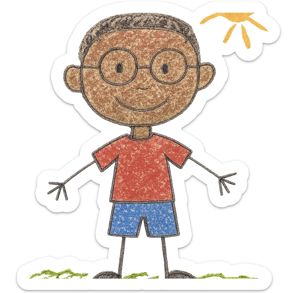 10 year old boy, brown skin, wearing glasses, short hair, children's drawing style sticker