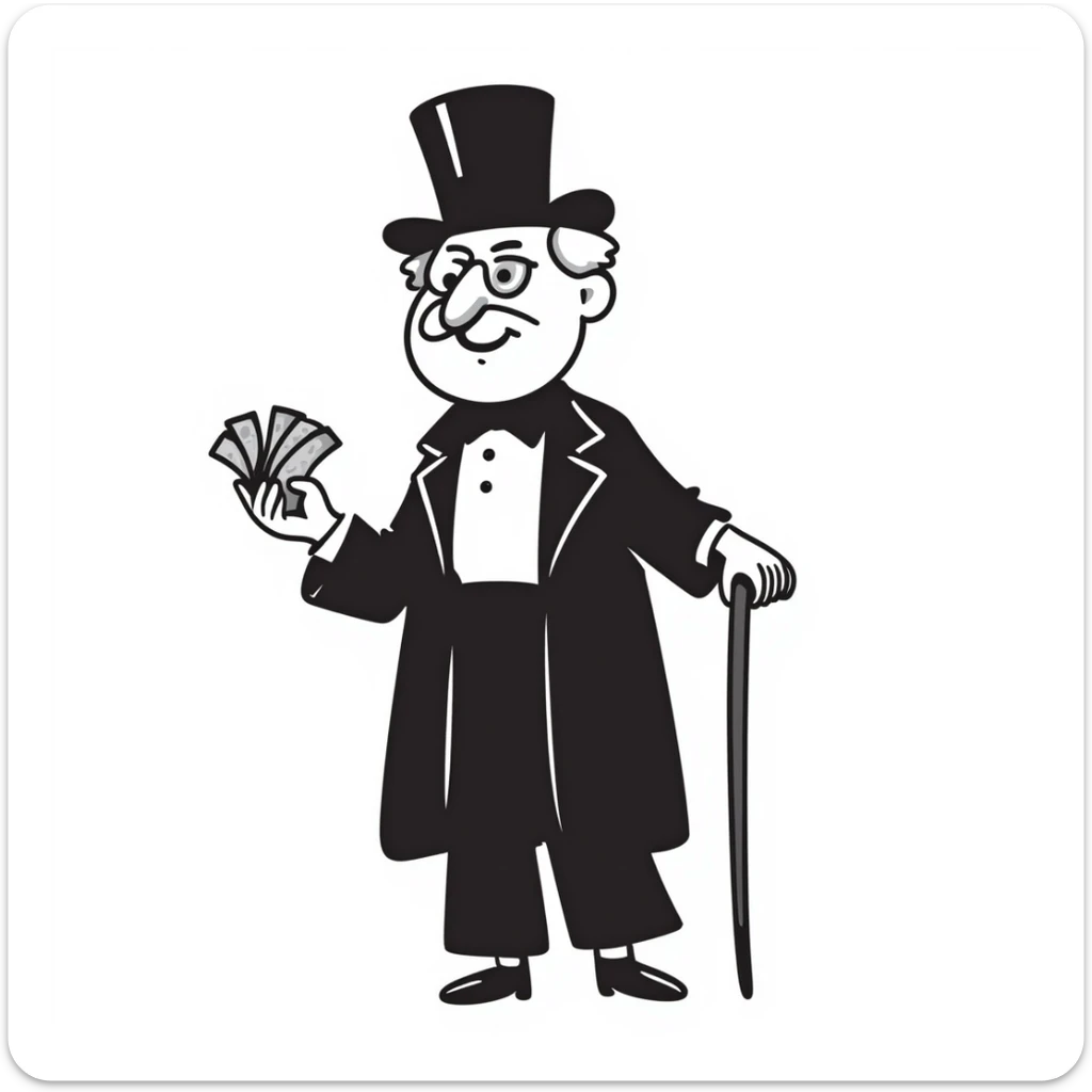 old white man with a top hat, monocle in left eye, holding stacks of money in right hand and a wooden cane in left hand, in a Black Doodle style sticker
