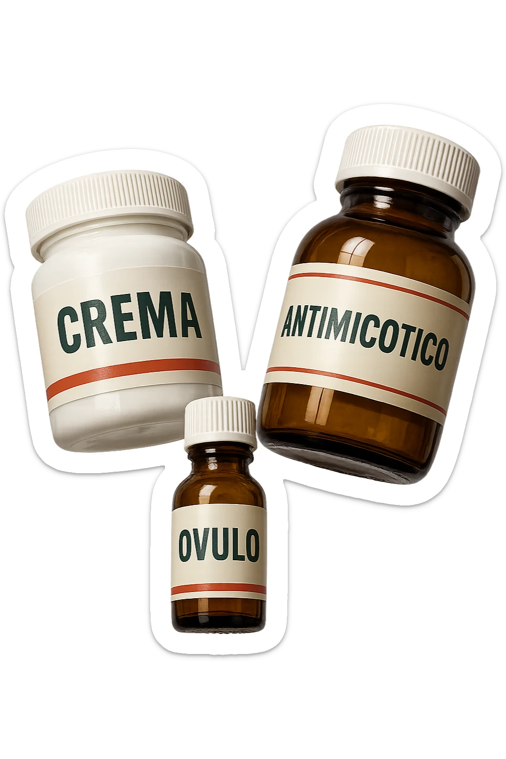 boccette di farmaci fluttuano in aria con le scritte: crema, ovulo o antimicotico in italiano sulle etichette, IPERREALISTICO 4K sticker