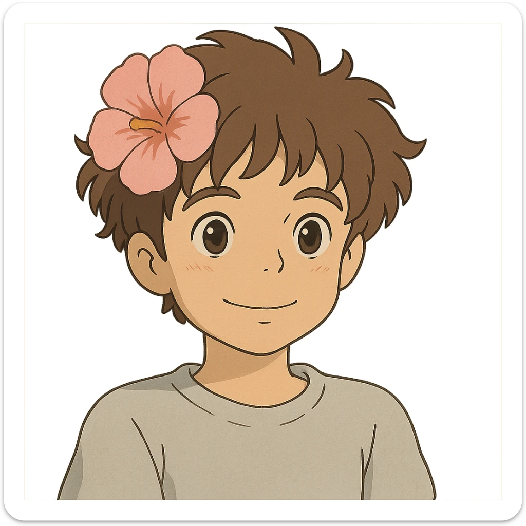 a boy with fluffy, wavy short hair and brown eyes, wearing a light grey t-shirt and a light pink flower on his head, ghibli style sticker