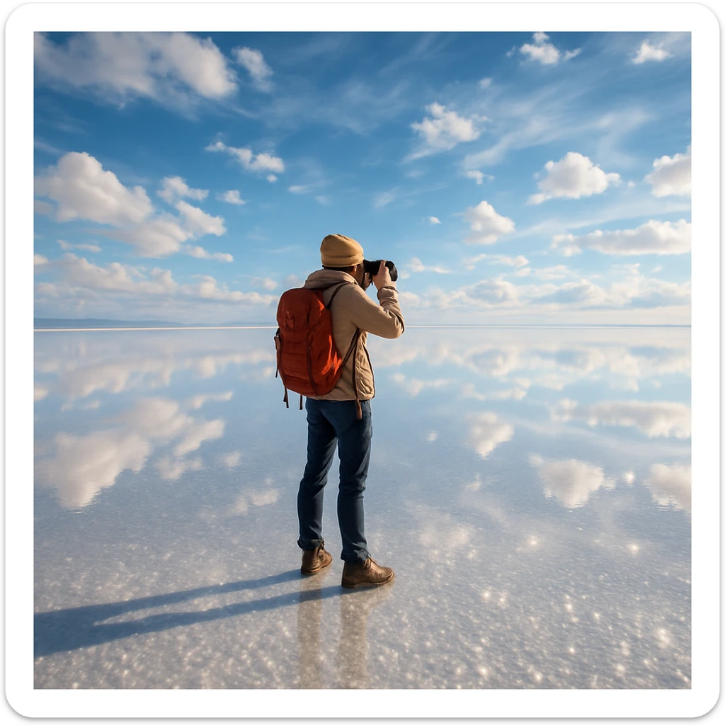 traveler taking photo in the Uyuni salt flats, standing on salt crystals, wide sky and reflection, bright and wondrous feeling sticker