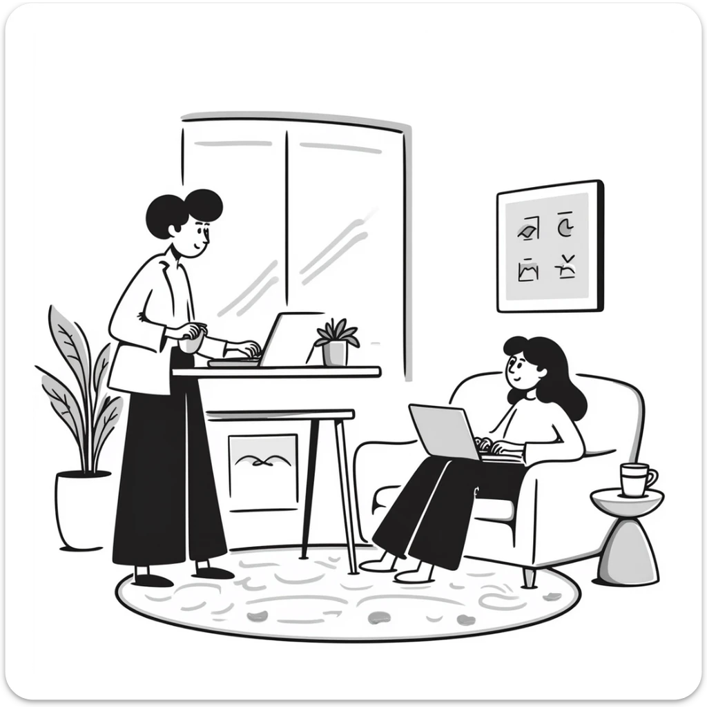 escenary 3d of a cozy mid-century living room with two people working on laptops, one man standing at a desk, and one woman sitting on a couch sticker