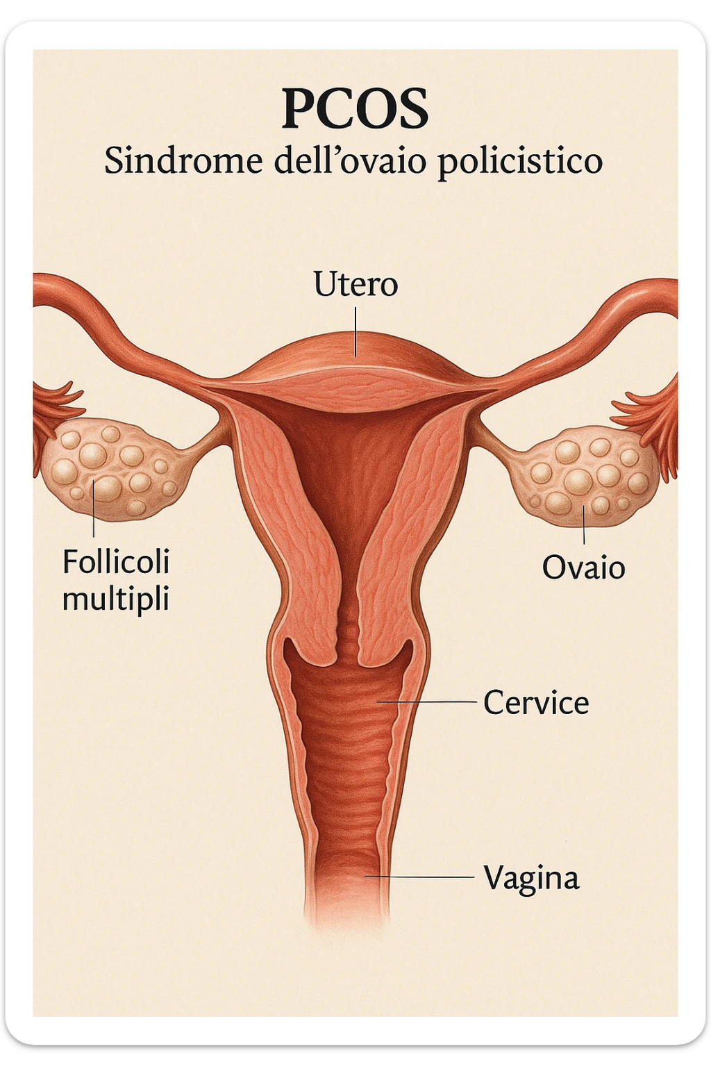 Immagine medica 3D realistica: PCOS vista in sezione anatomica, ovaie con molti follicoli, utero e ovaie evidenziati, dettagli clinici, colori naturali, didascalie in italiano, aspect ratio 2:3. sticker